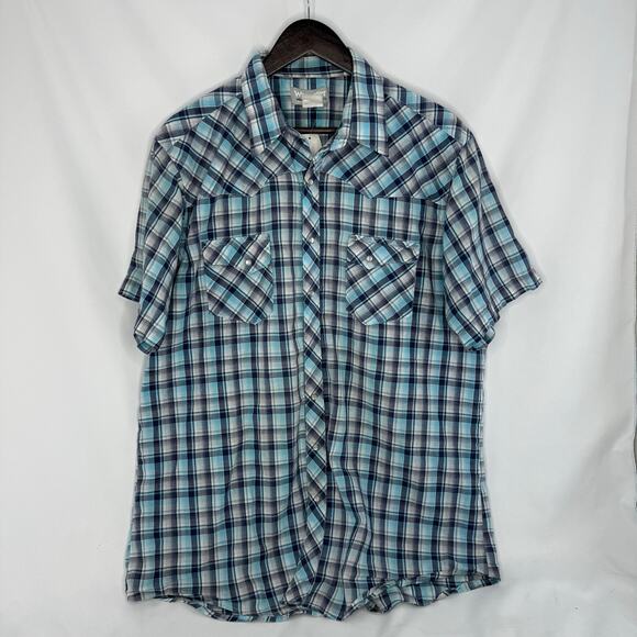 Wrangler Wrancher Mens Pearl Snap Shirt Blue Striped Short Sleeve ~XL Western - Picture 1 of 5